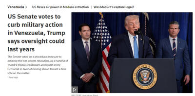  رویترز: سنای آمریکا به محدود کردن اقدام نظامی در ونزوئلا رأی داد / ترامپ می‌گوید نظارت ممکن است سال‌ها ادامه یابد